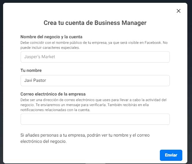 Datos para crear tu cuenta de Business Manager